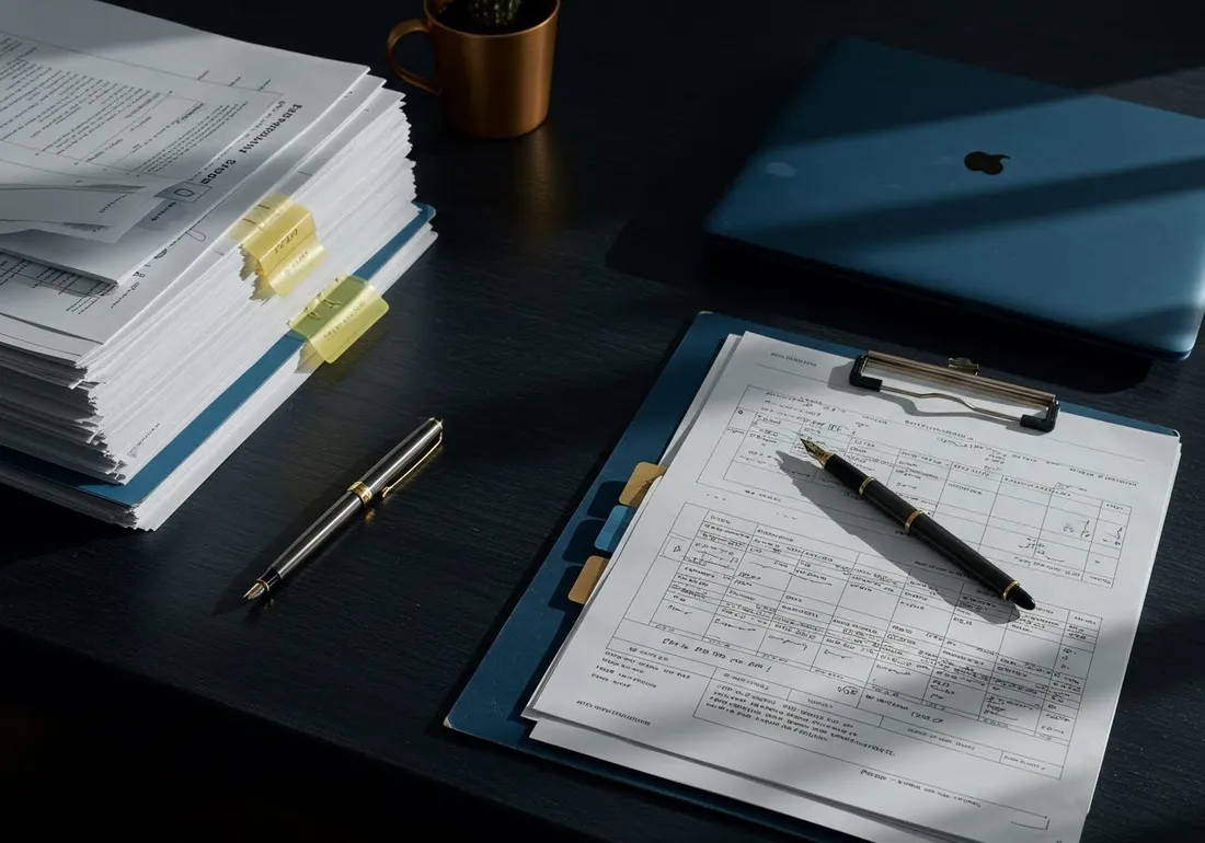 A tidy desk with neatly arranged, tabbed document stacks, a clipboard form and a fountain pen