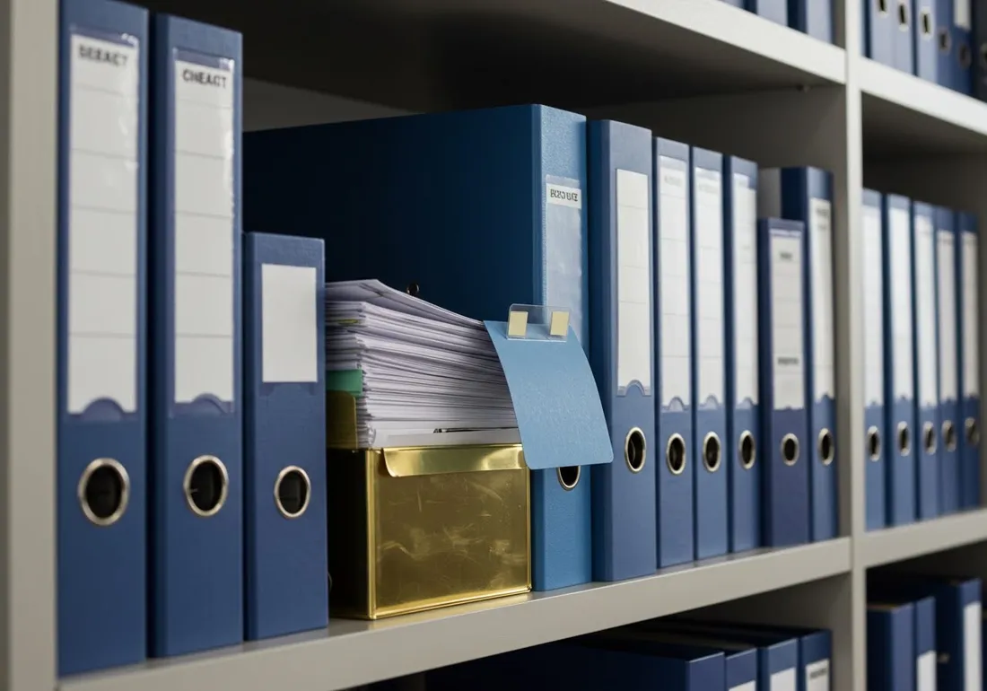 Labelled binders and organised folders on an office shelf, with indexed dividers