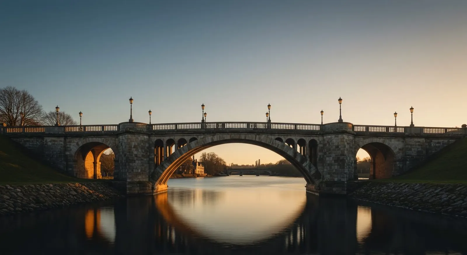 A stone arch bridge spanning calm water at golden hour, its span joining two banks