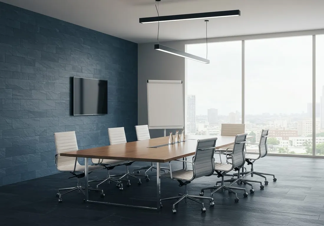 A calm, modern meeting room with a polished table and empty chairs beside a large window